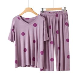 Modal Pajamas Women's 2023 Summer Short Sleeve Sleepwear Soft V-Neck Loungewear Pjs L-XXL Loose Size Dot Print Pyjama Set