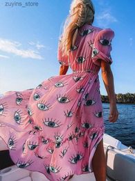 Basic Casual Dresses Wrinkle-free Pink Eyes Chiffon Dresses Sexy Short Sleeve 2024 Summer Beach Dress Women Beach Wear Swim Suit Cover Up D1 L49