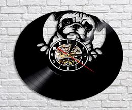 1Piece Lovely Pug Dog Silhouette Record LED Wall Clock Modern Design Animal Puppy Clock Creative Nursery Wall Art Decor2397690