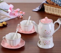 Teaware Sets Flower Shaped Relief Ceramic Coffee Cup And Pot Set With Heating Base Tea