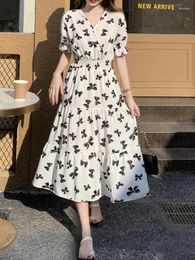 Party Dresses Korean Style V-Neck Bow Floral Print Long Dress For Women Summer Elastic Waist Short Sleeve Mid-Length Fashionable Loose