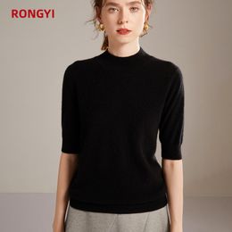 RONGYI 100% Pure Cashmere Short Sleeve T-Shirt Ladies Knitted Pullover Half Sleeve Sweater