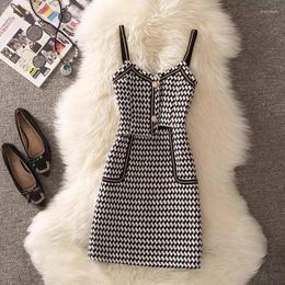 Casual Dresses Korean Fashion Houndstooth Woollen Dress Women Spring Autumn Spaghetti Strap Mini Elegant Vestidos