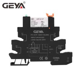 10PCS GEYA Din Rail Slim Relay Module HF-41F Integrated PCB Mount Power Relay With Relay Holder 12V 24V 48V 110V 230V 6.2mm