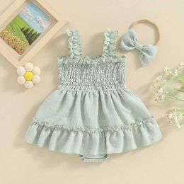 Girl's Dresses 3-24M Infant Baby Girl Romper Dress Summer Sleeveless Swiss Dots Pleated Bodysuits with Headband Set Cute Toddler Clothes