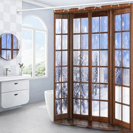 Antique Window Forest Snow Scenery Shower Curtain for Bathroom Winter Natural Scenery Bathroom Curtains Decor Polyester Fabric