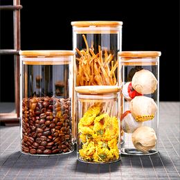 Transparent Glass Bottles With Wooden Lid Cover Sealed Canister Food Storage Jar Reusable Loose Tea Coffee Bean Cans Container