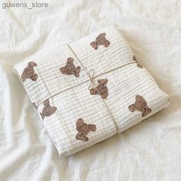 Blankets Swaddling Bear Print Baby Blankets Newborn Muslin Cotton Gauze Swaddle Wrap Bedding Infant Girls Boys Sleeping Blanket Babies Accessories Y240411