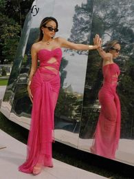 Casual Dresses JusaHy Women's Elegant Pink Maxi Dress Strapless Sexy Sleeveless Hollow Out Ruched Partywear Long Robe Mesh Streetwear