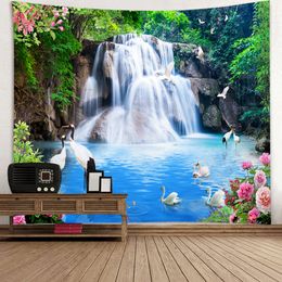 Nature Landscape Tapestry Chinese Scenery Home Decor Mountain Waterfall Sunset Flower Wall Hanging Home Room Decoration