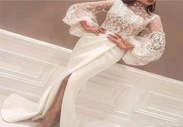 White Arabic 2019 Newest Prom Dresses Floor Length High Neck Lace Appliques Long Big Sleeve Mermaid Side Slit Evening Party Gowns 8662891