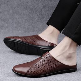 Casual Shoes Fashion Mens Half Loafers Genuine Leather Baotou Sandals Hollow Out Breathable Mules Man Outdoor Lightweight