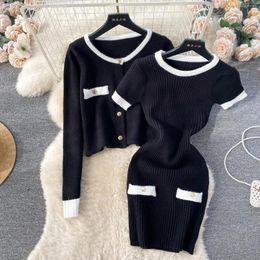 Work Dresses Women's Retro Patchwork Sweater Set Autumn Winter Cardigan Knitted Tops And Short Sleeved Hip Wrap Mini Dress Two-piece Suit