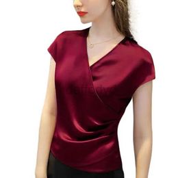 Women's Blouses Shirts Fashion elegant office lady Chiffon Shirts sexy V-Neck Acetate satin Blouses Femme Blusas White Red Black green Satin Tops 240411