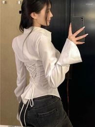 Women's Blouses QWEEK Y2k Coquette Sexy Slim White Bandage Shirt Women Korean Style Kpop Fashion Flare Sleeve Blouse 2024 Spring Streetwear