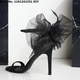 Sandals Black Mesh Flower Decor High Heel Women Stiletto Heeled Open Toe Sexy Buckle Summer Shoes