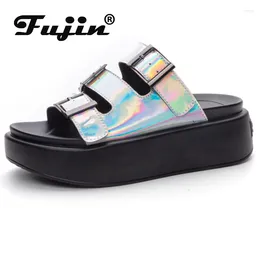 Slippers Fujin 6cm Synthetic Patent Summer Women Sandals Ladies Slipper Platform Wedge Mujer Comfy Fashion 2024 Fashon Peep Toe Shoes