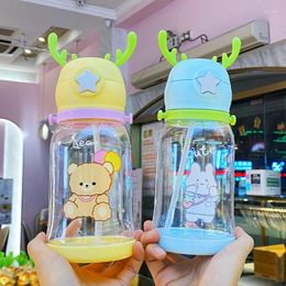 Water Bottles 1PC Antler Cartoon Cup 600 ML Large Capacity Plastic Creative Student Gift Straw Outdoor Sports Boy Girl Children