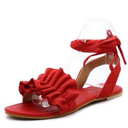 Comem Red Woman Cross Sandals Summer Flats Lace-up Ankle Strap Sandalias Plus Size 43 Zapatos Mujer Women's Sandal Ruffles Shoes