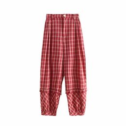 Original Niche Design Womens Cotton Pant Capris Red Plaid Lace Bloomers Elastic Waist Casual Summer Thin Anklelength Trousers 240411