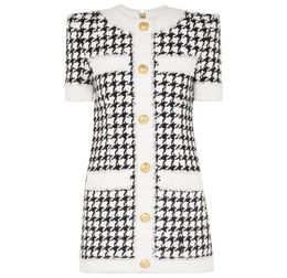 Fall Winter Designer Dress Women039s Short Sleeve Fringed Houndstooth Tweed Dress5275045