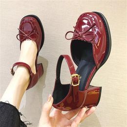 Sandals Red/black Block High Heels Women Fashion Lolita Shoes Japanese Jk Uniform Bow Buckle Anime Kawaii Sweet