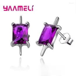 Stud Earrings Classic 925 Sterling Silver Women Ladies Big Rectangle Cubic Zircon Rhinestone Claw Setting Brincos For Wedding