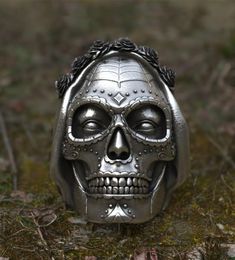 Goth Santa Muerte Ring Rose Crown Sugar Skull Stainless Steel Rings Womens Punk Biker Jewellery Unique Gift9582326