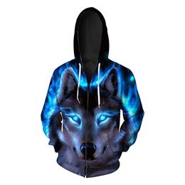 Wit-ta Popular Design Wholesale 100%cotton Full Zip Hoodies Mens 3d Wolf Print Casual Jacket Hoodie Hooded Sweatshirts