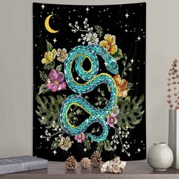 Black and White Snake Tapestry Botanical Plants and Flowers Wall Hanging Mysterious Tapestry Living Room Bedroom Dorm Wall Decor