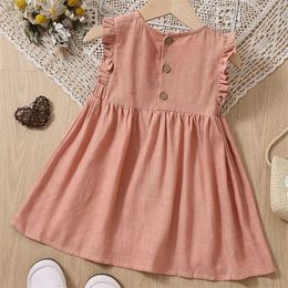 Girl's Dresses Wholesale Baby Girls Keyhole Dress Ruffle Trim Plicated Dress Casual Solid Colour Kids Summer Clothes Cheap Dropshipping