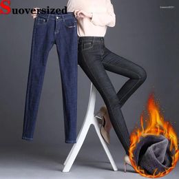 Women's Jeans Vintage Warm Pencil For Women Plush Lined Slim Stretch Vaqueros Winter Thicken Denim Pants Elastic Waist Skinny Pantalones