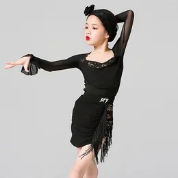 Stage Wear Girls Black Latin Dance Costume Long Sleeve Bodysuit Tassel Skirt Lace Performance Suit ChaCha Competition Dresses VDB8048