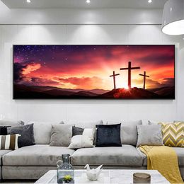 Jesus Christ Three Wooden Crosses Canvas Painting Sunrise With Clouds And Starry Sky Posters for Bedroom Living Room Decor