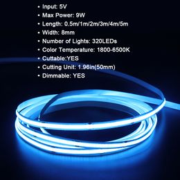 5V COB LED Strip Light Battery USB Power High Density Linear Lighting 320Leds/m Flexible Tape Warm Natural White Red Blue Decor