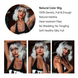 EASIHAIR Ombre Blonde Short Wavy Cosplay Lolita Wigs with Bangs Light Platinum Bob Synthetic Hair Wigs for Women Heat Resistant