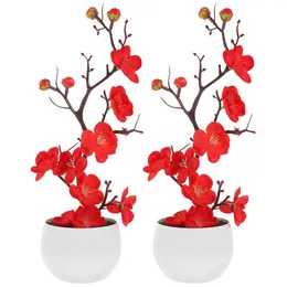 Decorative Flowers 2 Pcs Bonsai Artificial Faux Plum Blossom Plastic Desktop False Potted Plant