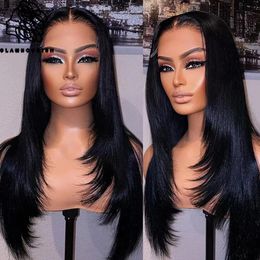 Inner Buckle Straight Lace Front Human Hair Wigs 180 Density Layered Wig Human Hair For Black Women Pre Plucked Natural Black