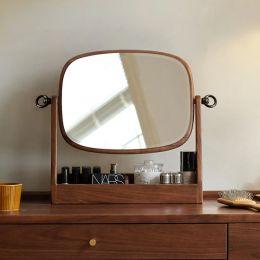 Solid Wood Desktop Makeup Mirror Bedroom Dresser Jewellery Storage Box Simple Bedroom Dressing Table Looking Glass 360 Rotate