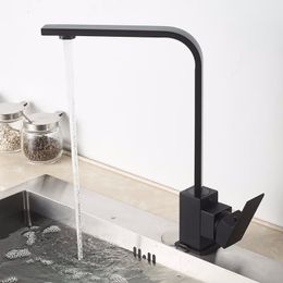 Black Kitchen Faucet Deck Mounted Hot and Cold Water Mixer Taps 360 Rotate Single Handle Square Style Kitchen Faucet Crane