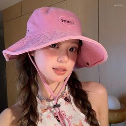 Berets Japanese Denim Washed Cotton Love Alpine Hat Women's Spring And Summer Outdoor Hiking Shading Sun Protection Lace-up Bucket Cap