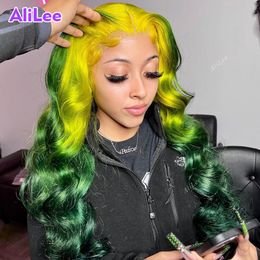 Ombre Yellow Green Human Hair 13x6 Lace Front Wigs Pre-Plucked 613 Colored Human Hair Wigs For Black Women HD Lace Free Part Wig