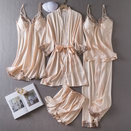 Pajamas Sleepwear Five Piece Set Sexy Embroidery Lace Wedding Morning Robe Women Nightgown Spring Summer Loose Satin Lounge Wear