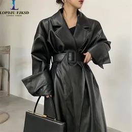 Women's Leather Coat For Women Adjustable Waist Long PU Jacket V-Neck Clothes Casual High Quality Autumn And Winter 2024