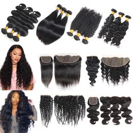 28 30 inches Brazilian Virgin Hair Straight Bundles With lace Closure Frontal Body Deep Wave Human Remy Raw Weave Extensions Black Women Natural Colour Wet and wavy