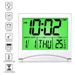 Digital Travel Alarm Clock LCD Display Clock with Backlight Calendar Temperature for Home Bedroom Travelling Kid Adult Snooze