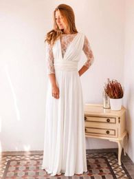 Modest Summer 3/4 Sleeve Lace Chiffon Wedding Dresses A Line Sheer Neck Backless Floor Length Bohemian Beach Bridal Gowns Plus Size BC18591