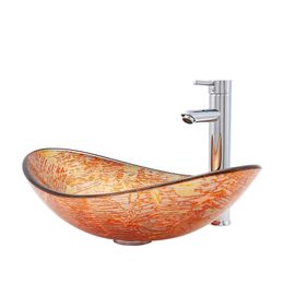 Korean Style High Quality Elliptic Shape Bathroom Sinks Tempered Glass Bath Washbasin Faucet Set Waterfall Spout for Home/Hotel