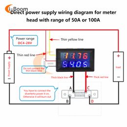 DC 100V 200V 50A 100A Mini Digital Voltmeter Ammeter 5-Wire 0-100V Amp Volt Voltage Current Metre Tester Blue Red LED Display