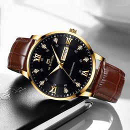 Wristwatches Men Business Watch 40mm Luxury Water Diamond Gold Black Leather Double Calendar Quartz Movement Fashion Classic Mens Wristwatch
